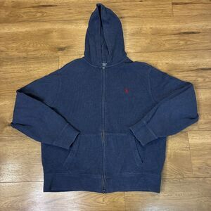 Men's L Polo Ralph Lauren Full Zip Knit Hoodie Blue Sweater Fleece Vintage